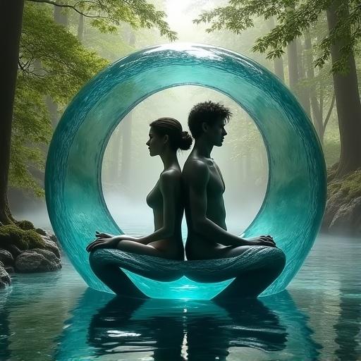 Water wave sculpture representing Plato's spherical humans. Depicted in a mythical forest. Figures of a woman and male man sitting back to back in a hollow ball. Bodies transforming from human shape to ball shape.