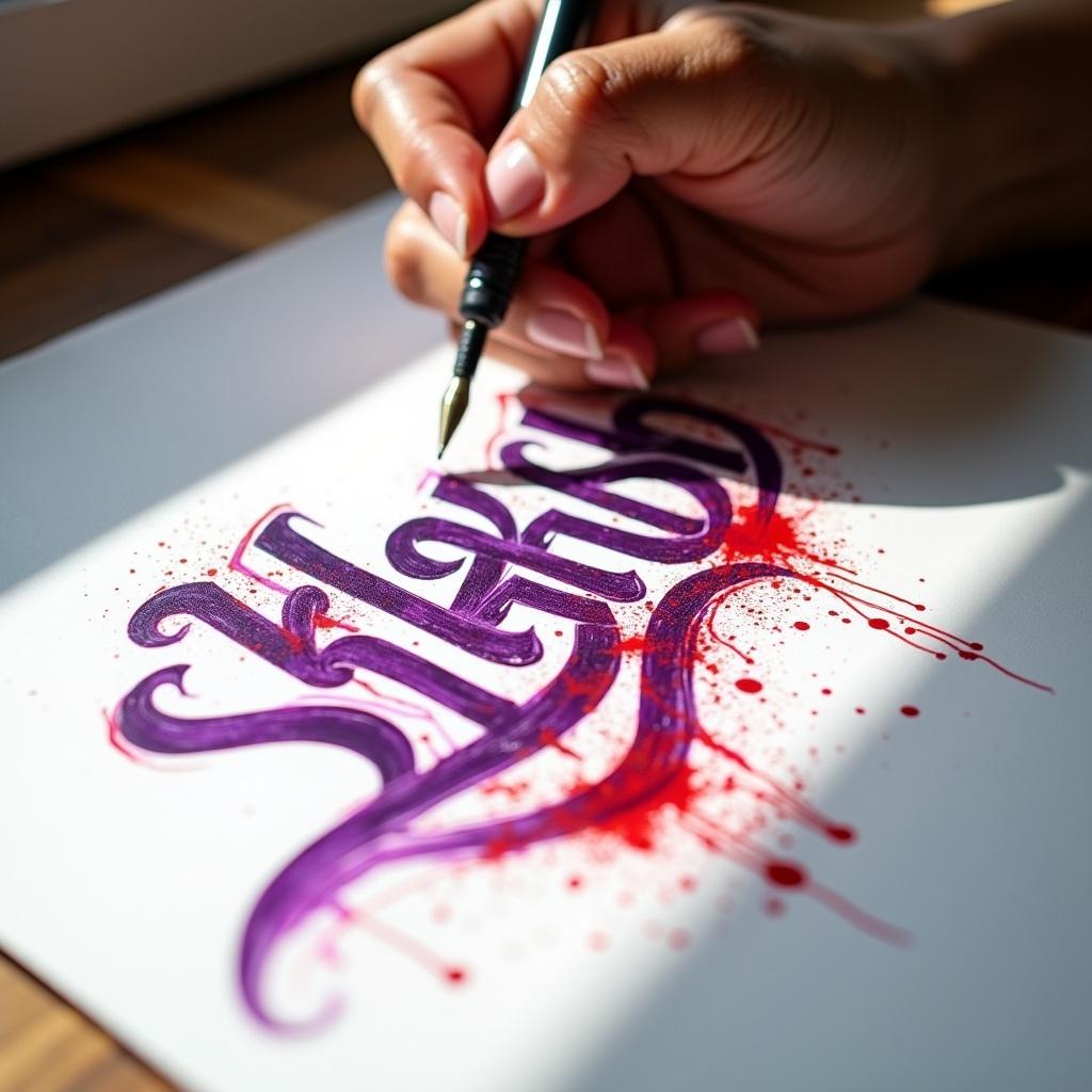 A hand writes Malayalam calligraphy with a pen. The ink is rich purple with red splashes. The white paper serves as a clean background. Light illuminates the writing, highlighting its intricate beauty. The scene showcases modern artistic expression in traditional writing.