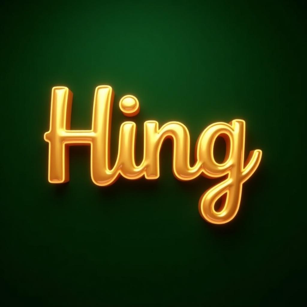 Three-dimensional shiny golden letters forming "Hing" with a glowing effect placed on a dark green background.