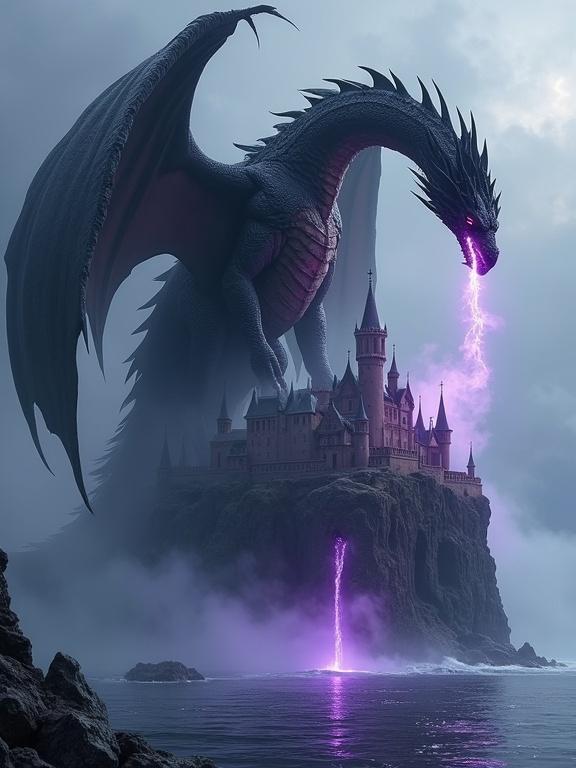 Massive black dragon with obsidian scales towers over a castle town on a cliff. Dragon breathes purple and black fire into the water. Steam rises from the impact area.