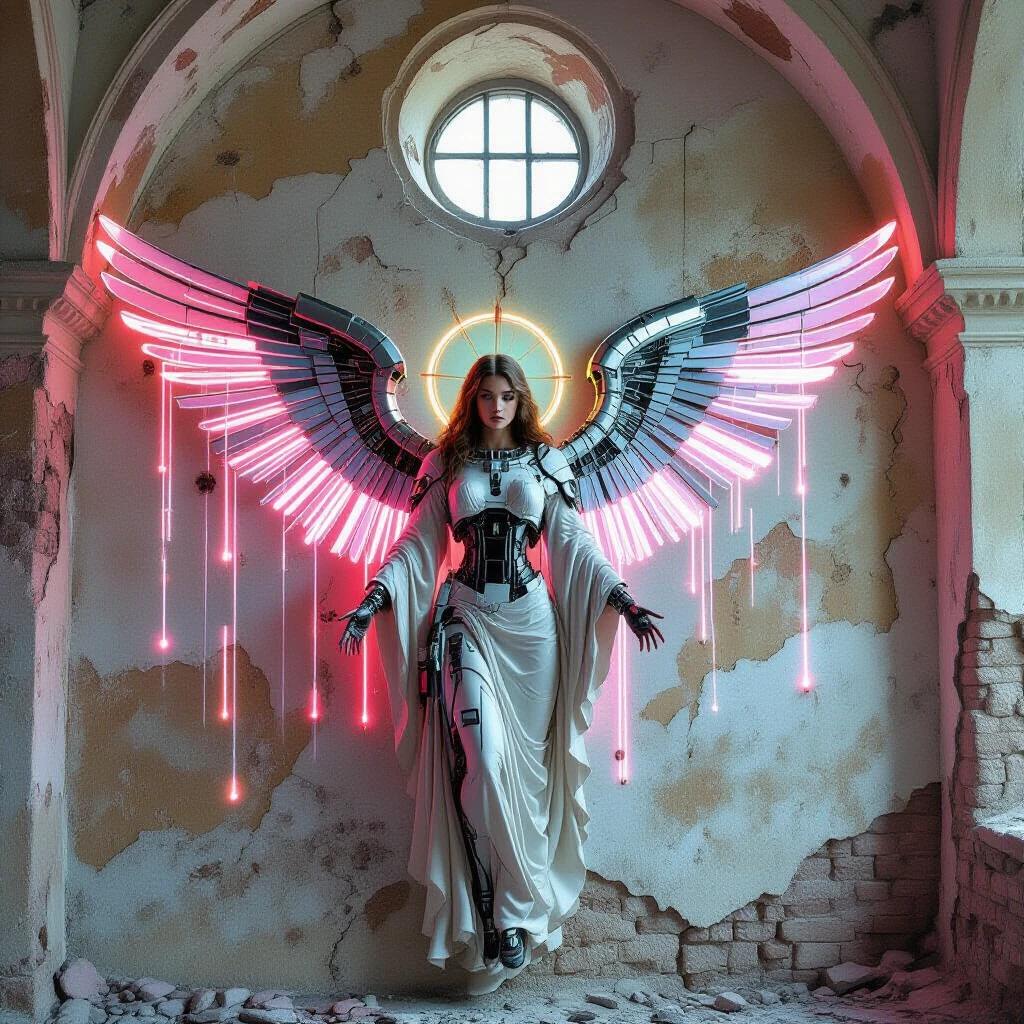 An angelic figure with robotic wings stands on a crumbling plaster wall. Glowing synth wires flow like robes. The color palette contains muted pastel pigments with neon circuitry highlights. A halo made of spinning optical discs is visible. The background features a fractured chapel dome. The figure is positioned in the top third of the frame. The image merges renaissance fresco and synthpunk aesthetics. The wall shows detailed texture and a spiritual tech aura is present.