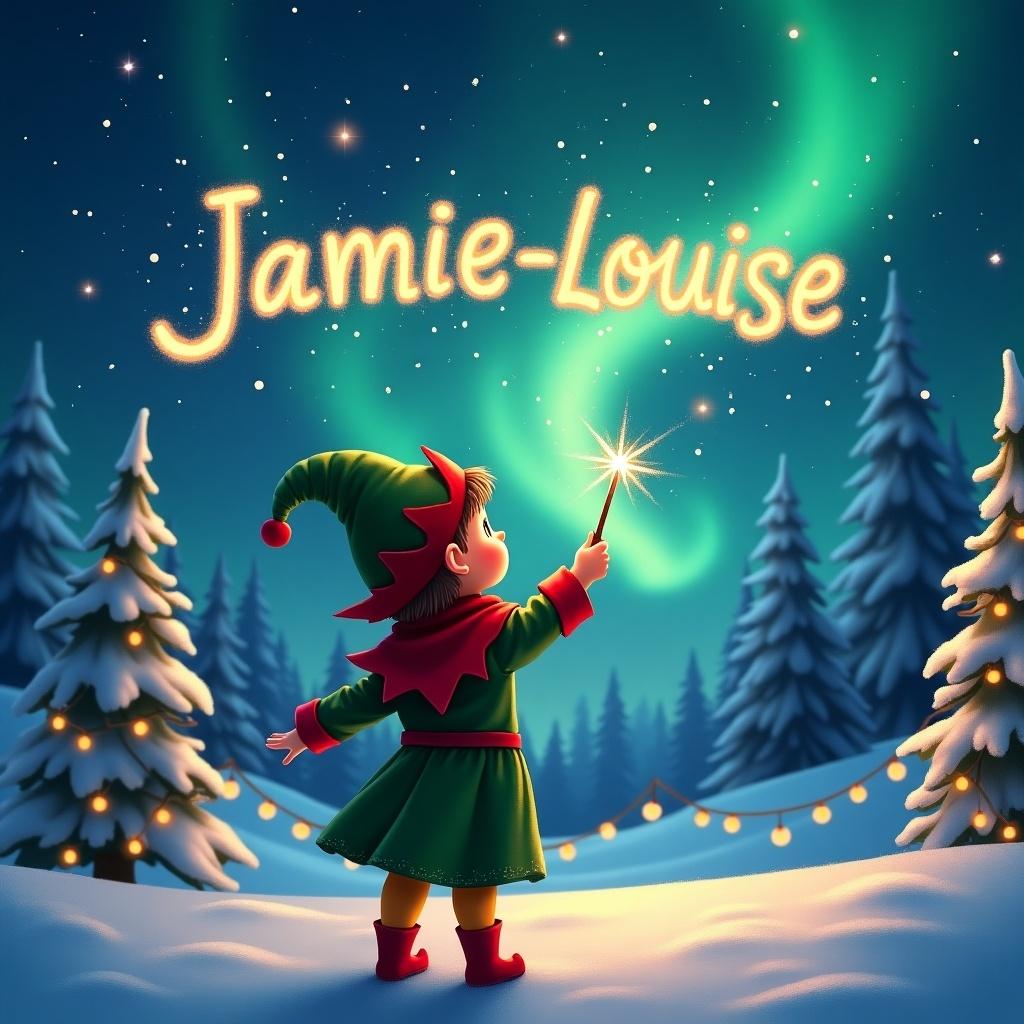 A child dressed as an elf stands with their back to the viewer, gazing up at the night sky. They hold a wand, using it to create the name Jamie-Louise in the air, surrounded by sparkles. The scene is set in a winter landscape, featuring snow-covered trees and twinkling lights. The sky is illuminated by beautiful northern lights, creating a magical atmosphere. The entire composition exudes a cheerful and festive vibe, perfect for the holiday season.