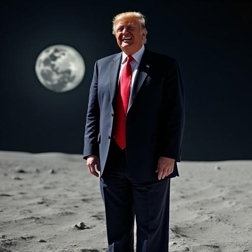 A figure resembling Donald Trump laughing stands on a surface of the moon with a large moon in the background.