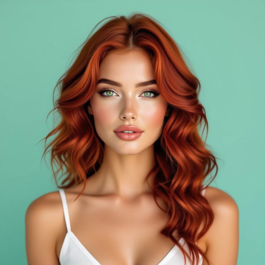 Oil paint style image of a woman with wavy platinum red hair falling below shoulders. Striking green eyes and a neutral expression with a slight pout. She wears a white spaghetti strap top against a light blue background. The image features soft even lighting and focuses on the face and upper body in a 16:9 aspect ratio.