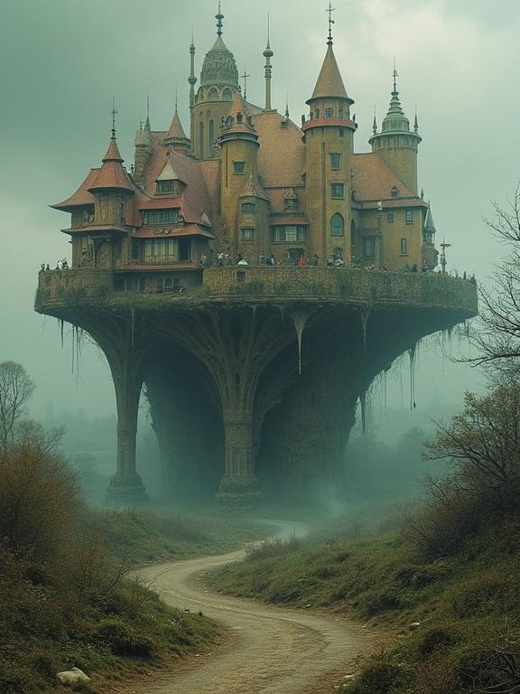 A surreal floating castle amidst a dreamy landscape. Architectural elements merge with nature. An ethereal atmosphere envelops the scene, creating a magical world.