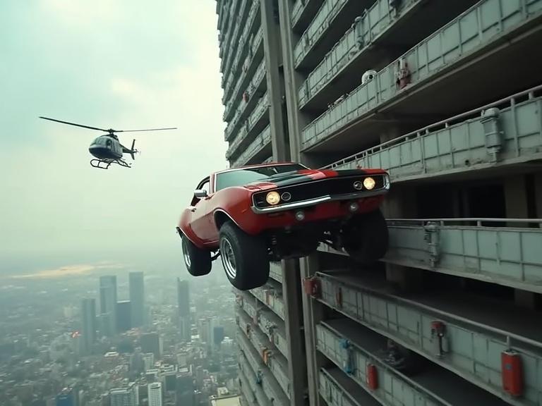 A modified car equipped with magnetic wheels climbs a skyscraper parking tower. Helicopters engage in chase above. Evading gunfire.