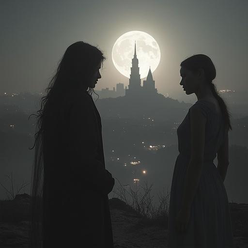 Silhouetted women in a dark city background. One woman touches her chest. Another woman is behind her.