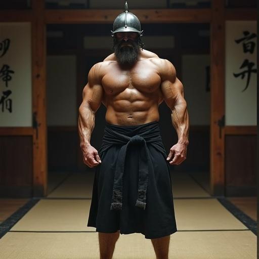 A muscular bodybuilder wears a medieval helmet. He has an aikido kilt and black belt. He stands barechested in a dojo. The scene features cinematic lighting and dramatic elements.