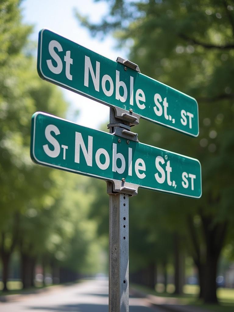 A green street sign marked St. Noble Street with visible text. The image includes a direct view of the sign. The background has trees lining the street.