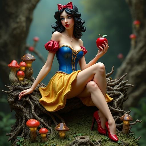 High-end resin sculpture of Snow White. Figure sits on a log. Surrounded by roots flowers and mushrooms. Wearing a blue corset red sleeves and yellow skirt. Holds a red apple. Realistic styling with textures and soft lighting.