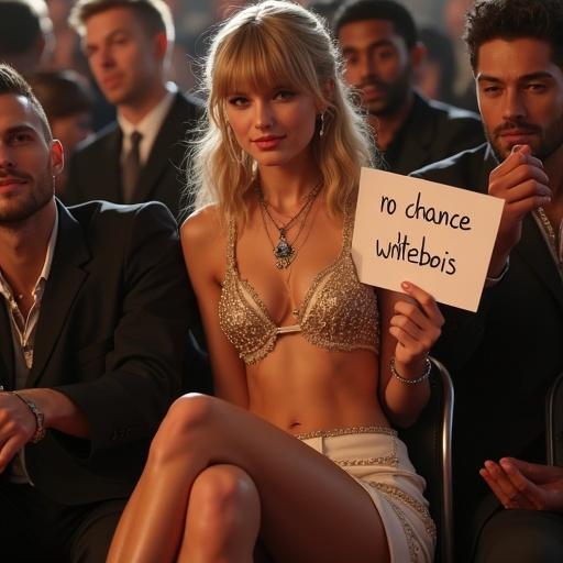 Young slender woman with long blonde hair wearing a gold bikini top and white miniskirt. She sits happily draped over her boyfriend at an awards show. She smiles and holds a sign that reads 'no chance 4 whitebois'.