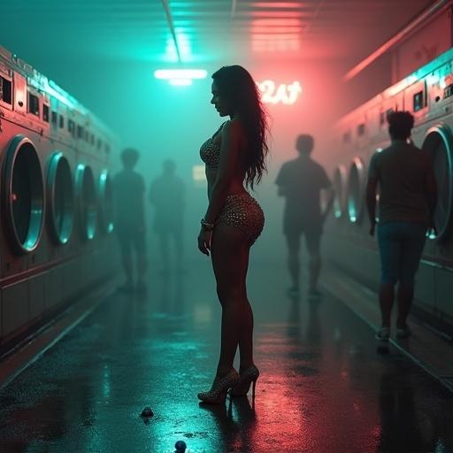 A sequined exotic dancer stands still in a dim laundromat. Humid air with swirling fog creates a mystique. Glittered heels rest on a puddle reflecting neon glow. She traces condensation on a glass door. Eyes closed in wistful melancholy, lips parted. Blurred patrons in the background dissolve into shadows. A solitary pebble rests at her feet.