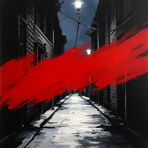 Dark ink outlines of an alley at night. Shadows pooling under lamplight. Dramatic red brushstroke across the frame.