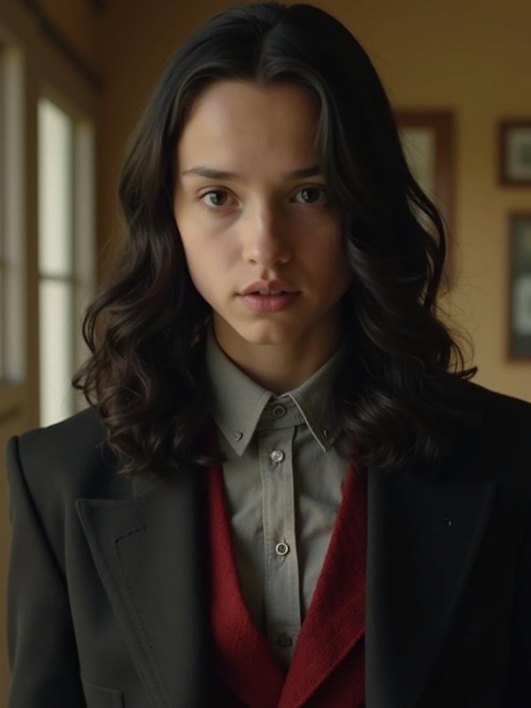 Male version of 18 year old Wednesday Addams inspired by Jenna Ortega. Character wears a black blazer, red sweater vest and gray shirt. Hair is long and wavy. Background has warm tones with soft visibility of the environment.