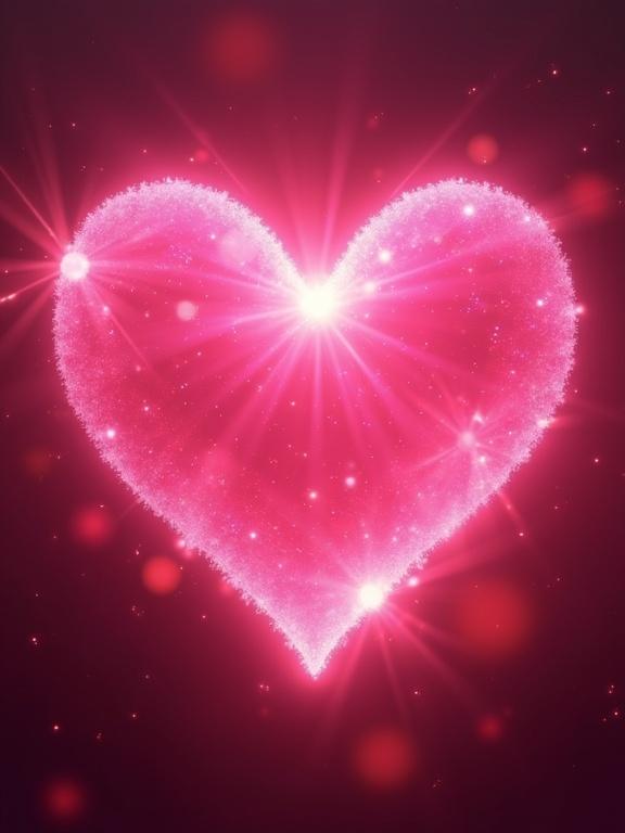 Glowing pink heart with sparkling effect. Light rays shine warmly around the heart. Heart symbolizes love and emotion. Image has a soft romantic glow.