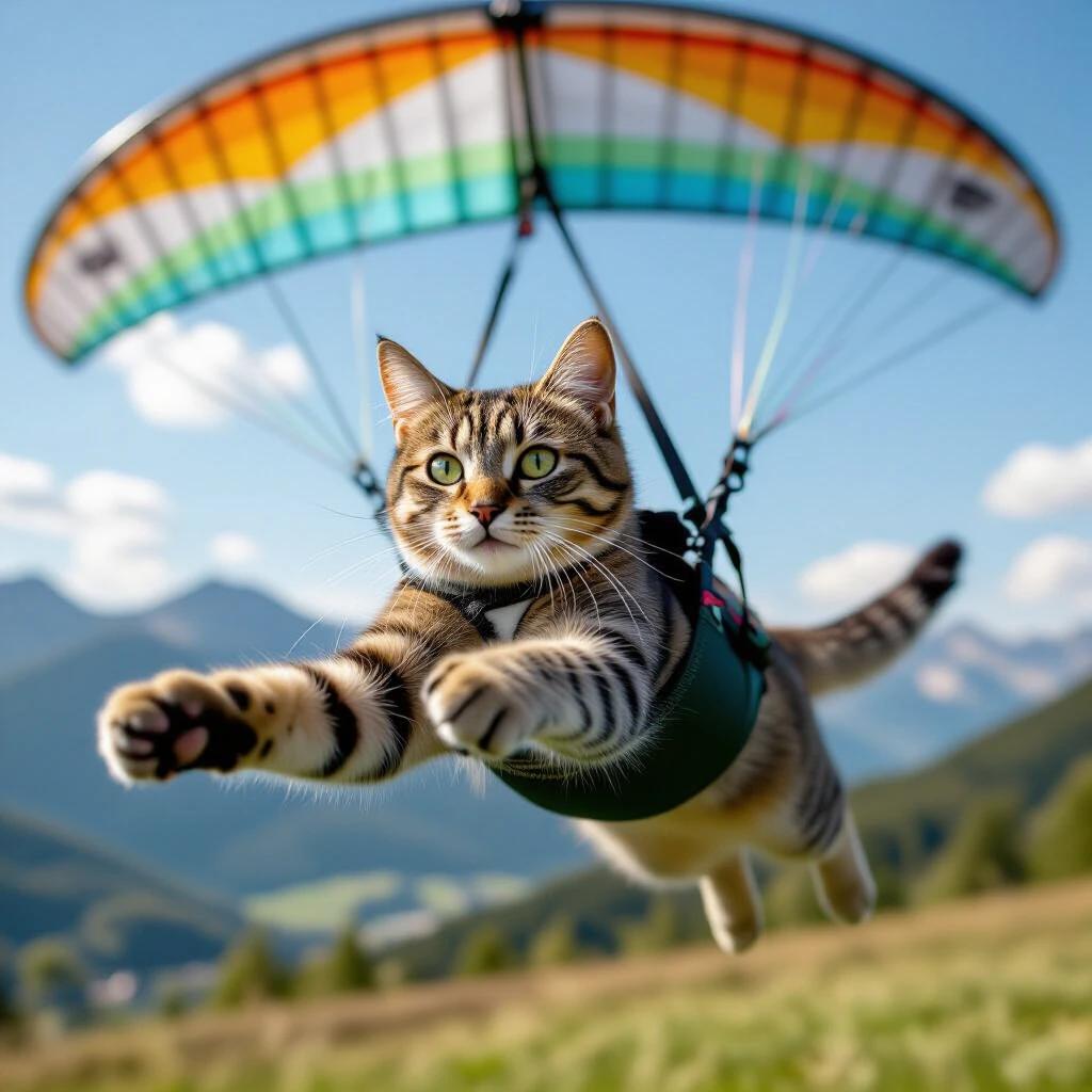 A cat is flying in a colorful hand glider. The cat wears a harness. The background features mountains and a clear blue sky. A sunny day creates a cheerful atmosphere.