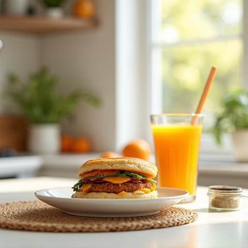 Bright kitchen with a classic American breakfast. A mcmuffin on a plate next to orange juice. Cheerful morning light and a clean, homey atmosphere. Spice jar in focus with a soft blur in the background.
