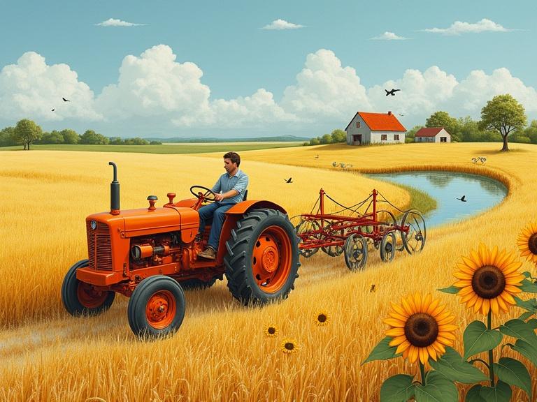 Tractor pulling disc harrow in wheat field. Sunflowers in foreground with farmhouse and pond. Blue sky with clouds.