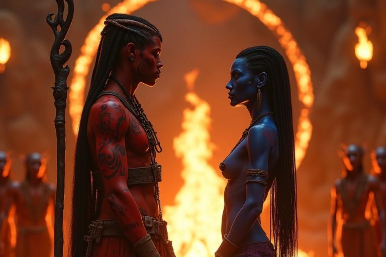 Elder Laka is a red-skinned Na’vi woman with glowing lava-like tattoos and orange eyes. She holds a firestaff made of obsidian. Kaari is a blue-skinned Na’vi woman with bioluminescent stripes. They stand facing each other at a fire altar with warriors observing.