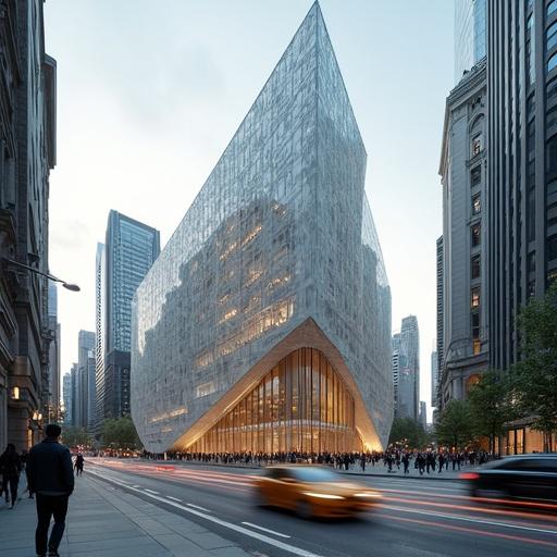 Artistic interpretation of a contemporary architectural masterpiece in an urban setting. A busy street filled with pedestrians and vehicles is in the foreground. The building features a dynamic geometric design with a glass facade. Evening setting gives a warm glow to the structure.