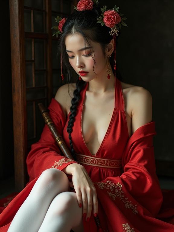 Film photography style features a seductive young woman wearing Ming Dynasty attire. She wears a red embroidered garment combined with white stockings. Subject has crystal-like skin quality and disheveled hair styled with braids and floral hairpins. She holds a pipa and exudes vulnerability. Lighting is dramatic with strong contrasts. Image has high exposure and dark tone.