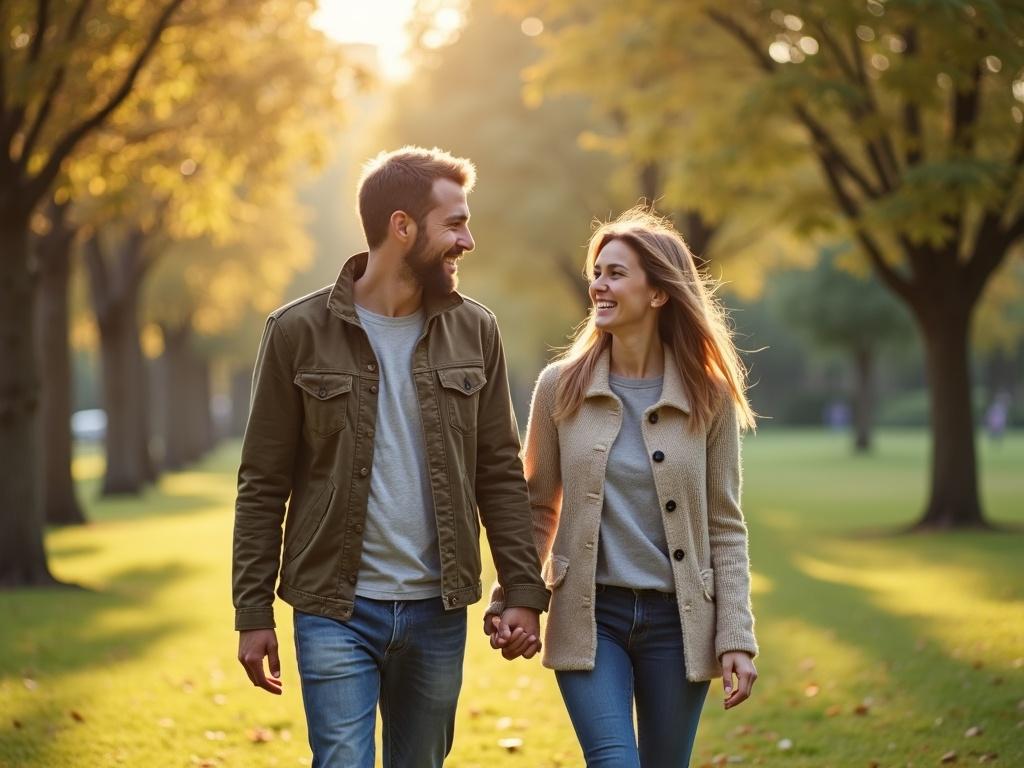 A couple walking hand in hand through a park during golden hour. The man wears a jacket and the woman wears a cozy sweater. Trees with yellow leaves surround them. They smile at each other.