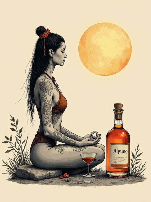 Minimalist portrait of a tribal goddess with intricate tattoos. Goddess sits peacefully in a zen garden. Apothecary-style bottle labeled 'ALFRUNO' is nearby. Cork lid on bottle with a tag displaying 'ALFRUNO'. Two cocktail glasses filled with liqueur flank the bottle. Roses and rosemary add accents. Bold black outlines against beige background. Inspired by traditional zen art, emphasizing simplicity and elegance.