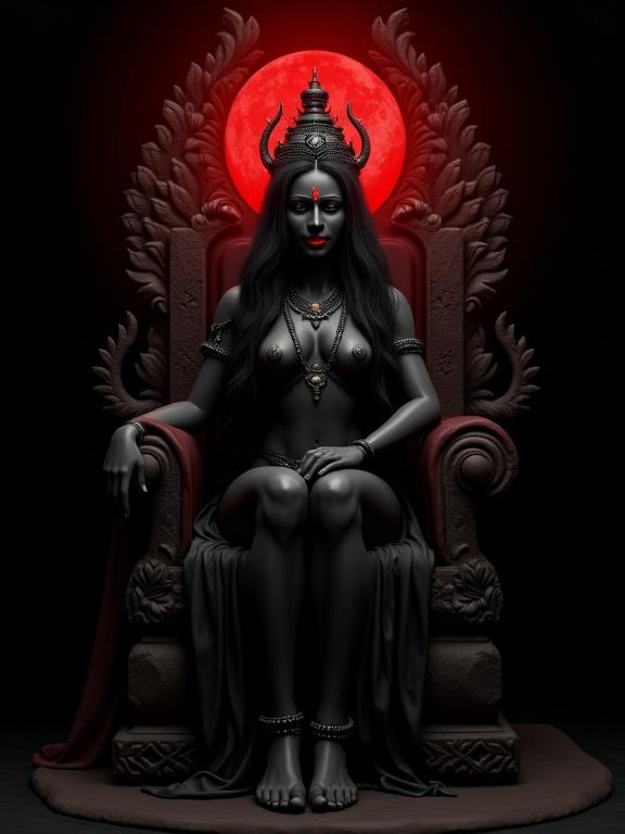 A goddess seated on a throne with jet black skin. Oily black paint smears her body. Third eye on forehead with a bindi. No clothing is seen, hair covers body parts. Long black hair flows down. Anklets adorn her feet. One hand in a blessing pose, the other rests on the throne. Muscular physique highlighted. Black background with red aura. Lipstick adds a smile to her face. A curved sword rests beside her on throne to the right.
