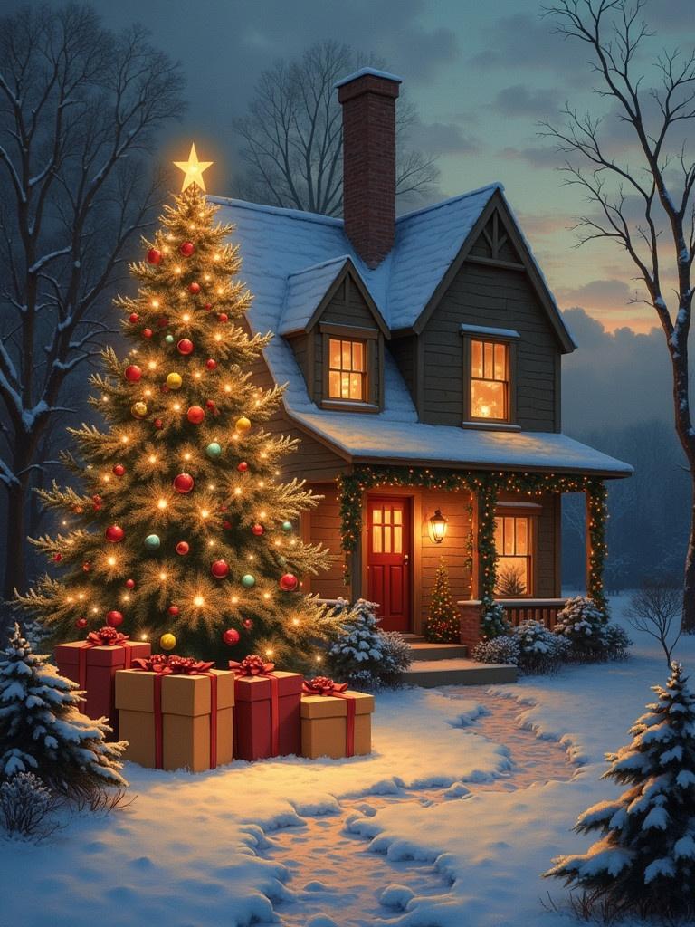 A cozy house decorated for Christmas. A large Christmas tree with colorful ornaments stands beside the house. Gifts are neatly arranged at the base of the tree. Soft snow covers the ground. Warm lights glow from the windows as dusk settles.