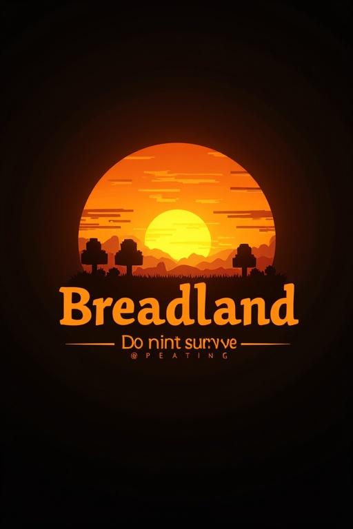 Logo for a Minecraft server named Breadland. Features an orange sunset with pixel trees and grass. Center has a bread pixel icon. Text reads Team server og lagring. Modern icon style.