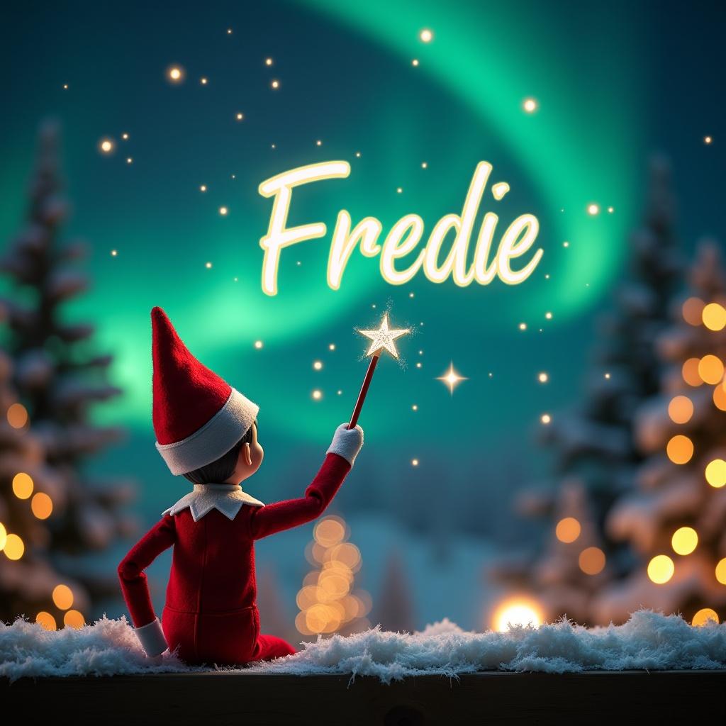 An enchanting Christmas scene featuring an elf on the shelf. The elf is dressed in red and white, facing the sky. The elf wields a magic wand, writing 'Freddie' in a glowing script. The background features vibrant northern lights and decorative Christmas trees. The scene is magical and festive, capturing the joy of the holiday season.