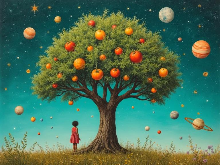 A whimsical tree with celestial fruit in a teal sky. A child stands underneath the tree. The scene blends elements of nature, science, and fantasy. Surreal and dreamlike atmosphere with planets.