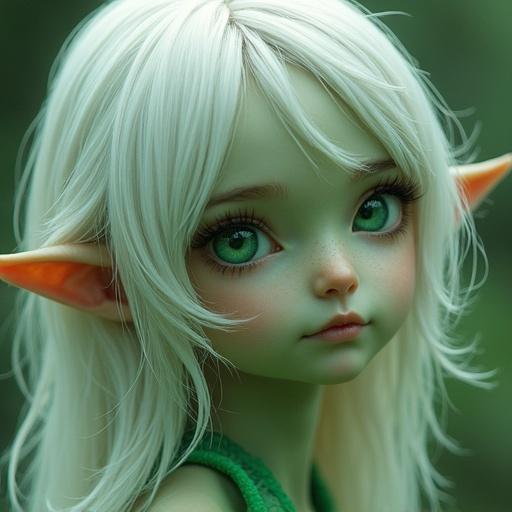 Girl with green skin and green eyes has white hair. She looks very cute and magical with a doll-like appearance.