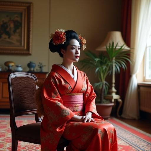 Image of a woman dressed as a geisha sitting in a URSS era apartment. The setting includes vintage decor and warm color tones. She has a hairstyle decorated with flowers, and is seated elegantly on a chair.