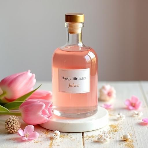 Photograph features a transparent gin bottle with a gold cap. Bottle contains blush-pink liquid. Label shows "Happy Birthday Julcsi" in a serif font. Surrounded by pink tulips and white dried flowers. Gold flakes are scattered around. Soft light highlights bottle on a white marble base.