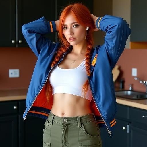 Image of a woman with red hair styled in two braids. She stands in a kitchen. She wears a white crop top and olive green shorts with cargo pockets. A blue bomber jacket is on her. She has her hands raised behind her head and looks towards the camera. White wireless earbuds are worn. The background features dark cabinets and a reddish-brown backsplash. A sink area with counter items is visible. It is bright daytime lighting.