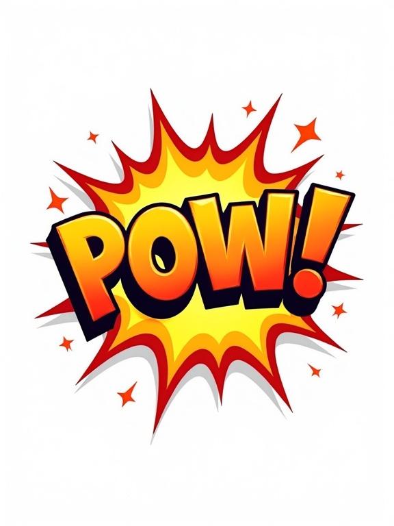 A vibrant comic book-style explosion graphic with bold red and yellow colors. Dynamic starburst effects create a high-energy feel. Clean design with slight 3D pop on a white background. 4K resolution.