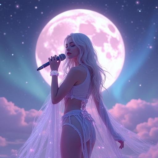 A glowing female pop artist stands under a starry night sky. She has silver hair with violet hints and wears a shimmering, futuristic outfit. A large full moon shines brightly, surrounded by pastel hues. Her sparkly microphone adds to the dreamy atmosphere. The background features soft clouds and synthwave light streaks. She exudes confidence and calmness, singing to inspire dreams.