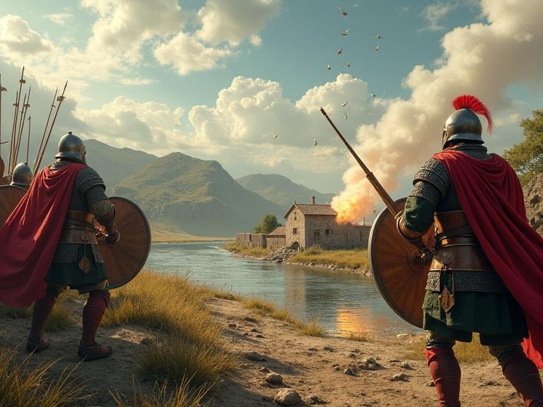 Dynamic scene of Otto I's army with field artillery at River Raxa ford. Soldiers operate Roman-style ballistae and catapults launching projectiles at Obodrite defenses. Emphasizes military tactics and Roman siege technology. Action-oriented visuals show impacts near defenses.