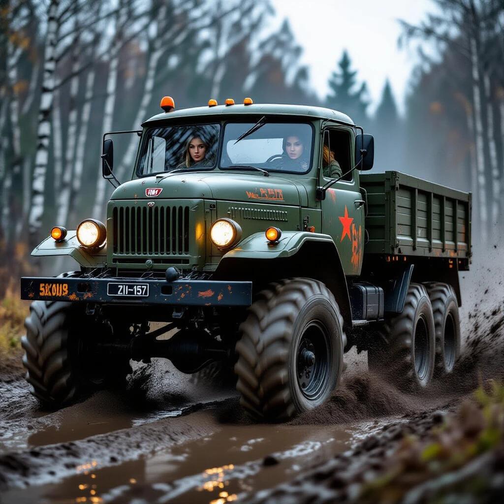 Photorealistic image of a Soviet Zil-157 military truck with large wheels navigating through deep mud. Truck shows rust and olive-green paint. Headlights illuminate the evening mist. Background features a Siberian birch forest in heavy rain. A woman drives the truck wearing a faded military uniform. The scene captures motion with mud splattering around. Shot with high detail and shallow depth of field.