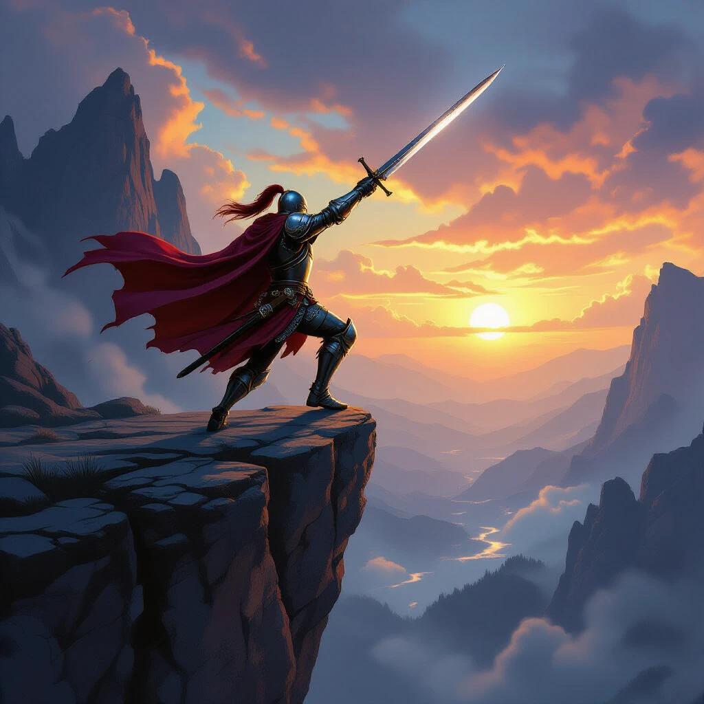 Knight standing on a cliff with a sword raised high during sunset in dark fantasy style. Silhouetted figure against a dramatic landscape.