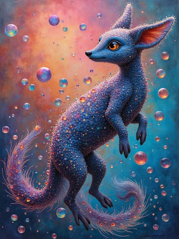 A fantastical blue vixen surrounded by iridescent bubbles. The creature has vibrant colors, soft glowing effects, and a whimsical appearance.