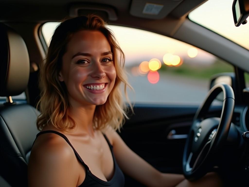 A smiling young woman is sitting in the driver's seat of a car during the evening. The scene is infused with warm golden light as the sun sets. There are city lights gently glowing through the car window, enhancing the ambiance. The woman is wearing a black tank top, radiating joy and confidence. This image captures a moment of relaxation and happiness on the road. The focus on her smile invites viewers to feel the warmth and inviting atmosphere of the scene.