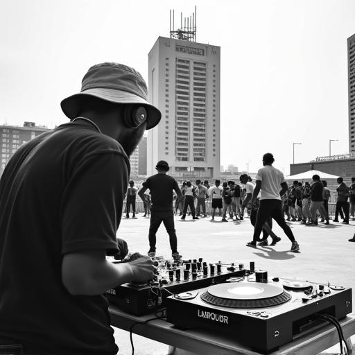 Black and white photograph of DJ performing outdoors. DJ is wearing headphones and a bucket hat. DJ setup has two turntables and a mixing board. DJ is focused while working equipment. Background features B-boys in intense breakdancing battle. One dancer performs a freeze move. Others cheer in a circle. Tall hotel building in the background has geometric architectural style. Radio station structure with antennas on top. Urban street-level setting on concrete. High contrast photography with sharp details and dynamic motion.