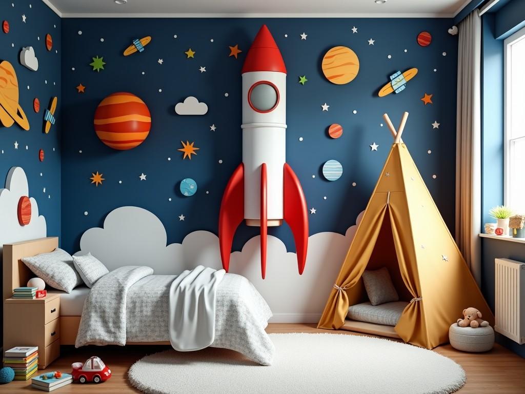 This image showcases a cheerful children's bedroom featuring a space theme. The walls are painted deep blue with colorful planets and a large red rocket. A cozy bed is neatly made, accompanied by a small bookshelf. In the corner, there's a stylish tent, perfect for playtime. Natural light pours into the room from a window, creating a warm and inviting atmosphere.