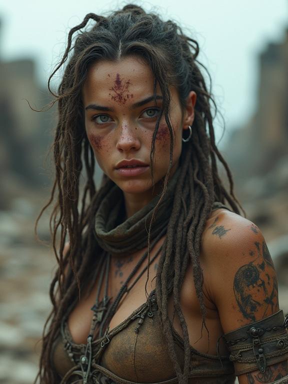 Highly detailed photorealistic portrait of a young wasteland huntress. She has a hardened appearance, unkempt hair, rugged skin, and tribal tattoos. Expression is intense and wary. Wears mismatched leathers and torn fabrics. Background shows a ruined cityscape under a moody sky.