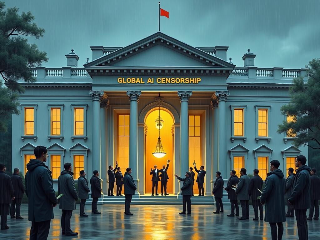 A neoclassical marble building labeled GLOBAL AI CENSORSHIP dominates the scene. Bright golden doors are half-open revealing a group of well-dressed men cheering with champagne inside. Dark rain clouds loom over a line of artists and writers outside. They wear dark coats and hold rolled-up canvases and notebooks. The atmosphere is somber and reflective with rain-soaked pavement.