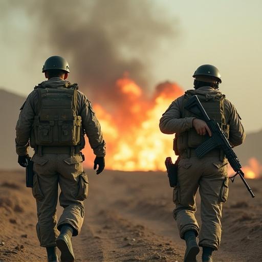 Two soldiers walk towards an explosion in a war zone. They wear tactical gear and helmets. The background is smoky and fiery, depicting the chaos of conflict.