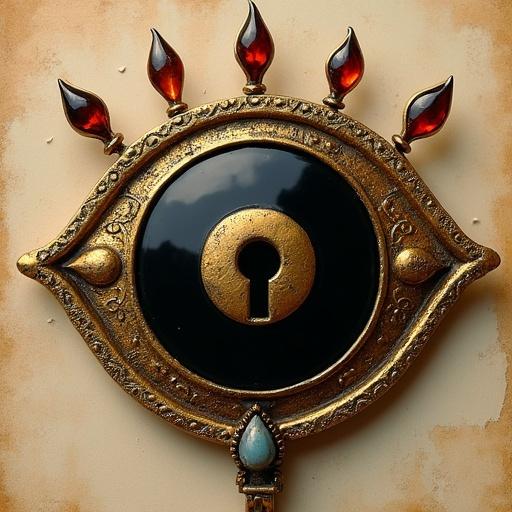 Medieval style brass jewelry brooch. Brooch shaped like a mystical eye. Crafted from burnished gold. Large polished black mirror in the center. Engraved golden keyhole as the pupil. Symmetrical eye-shaped frame. Textured with weathering marks. Five stylized flame motifs filled with red and orange enamel at the top. Tear-shaped handle made of translucent blue gemstone. Compact composition in a circle. Set against parchment-toned background. Reflects craftsmanship and symbolism of a secret society.