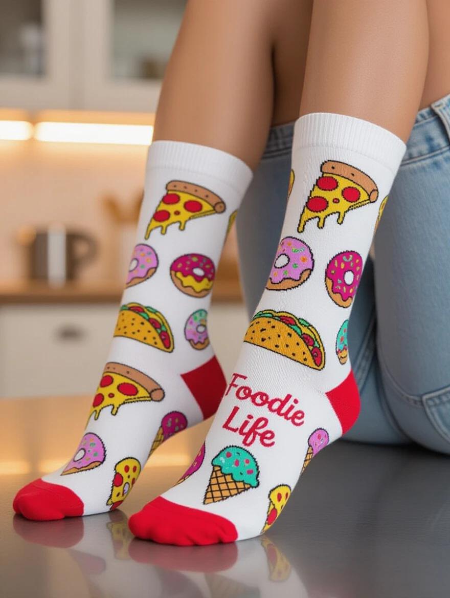 Playful product photo of novelty ankle socks with cute food illustrations. White cotton socks with colorful cartoon graphics of pizza slices donuts tacos and ice cream cones. Text 'Foodie Life' appears in a script font near the ankle cuff. Photographed on a young person's feet in a casual sitting pose on a kitchen counter. Bright lighting and a blurred modern kitchen background. Clean lifestyle photography style with vibrant colors.